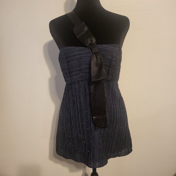 Milly NY Navy sequin embellished Black silk Bow one shoulder Top Viscose size XS - Picture 1 of 10